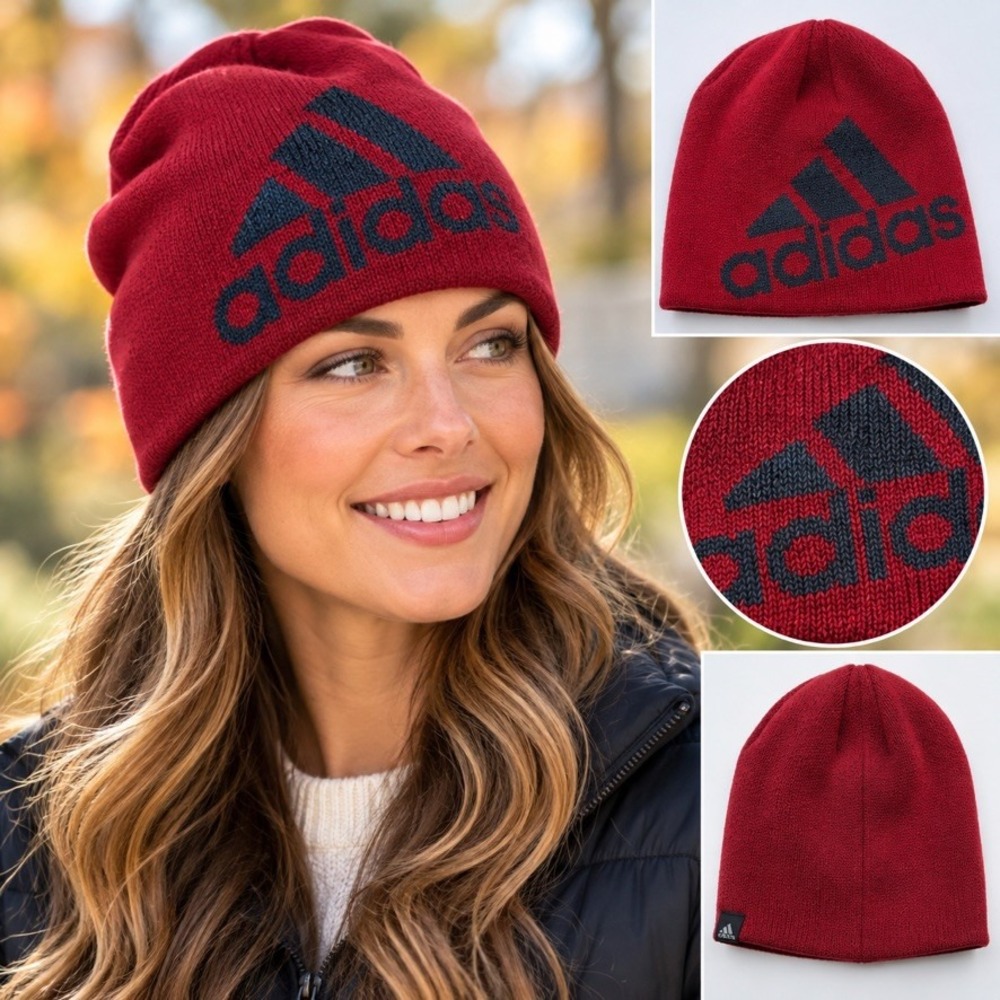NWT Adidas ClimaWarm Beanie Burgundy Red Grey Knit Logo Hat OSFA
